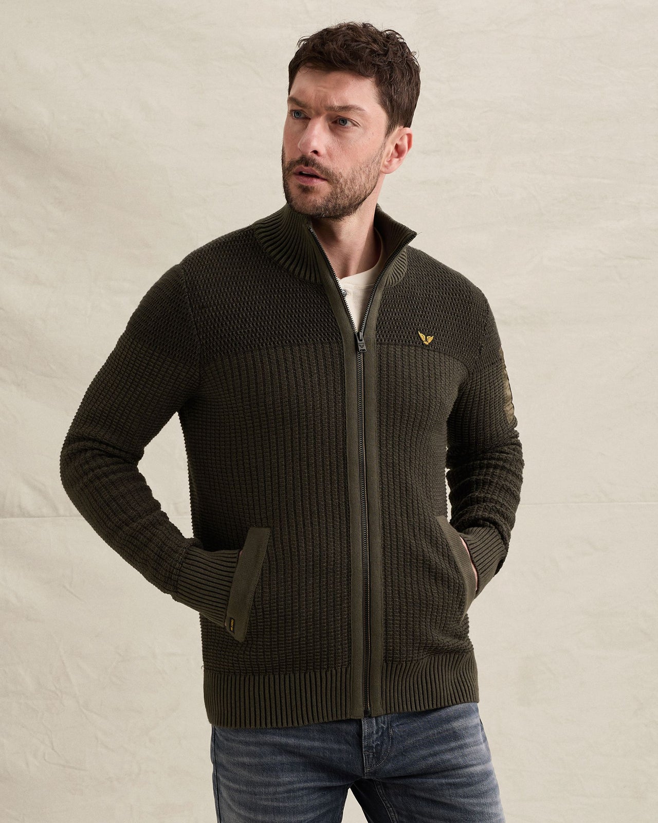 PKC2609356 8039-Beluga | Strickjacke mit Reißverschluss und Flight-Pocket