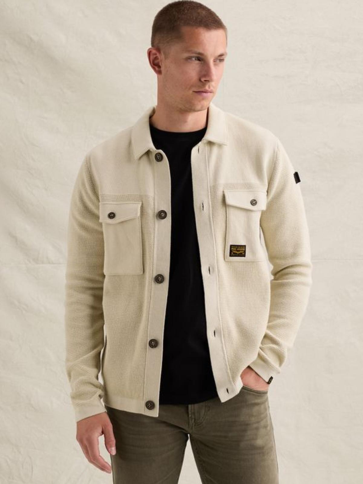 PKC2609352 7013-Bone White | Strickjacke mit verschiedenen Strukturen und Knopfverschluss