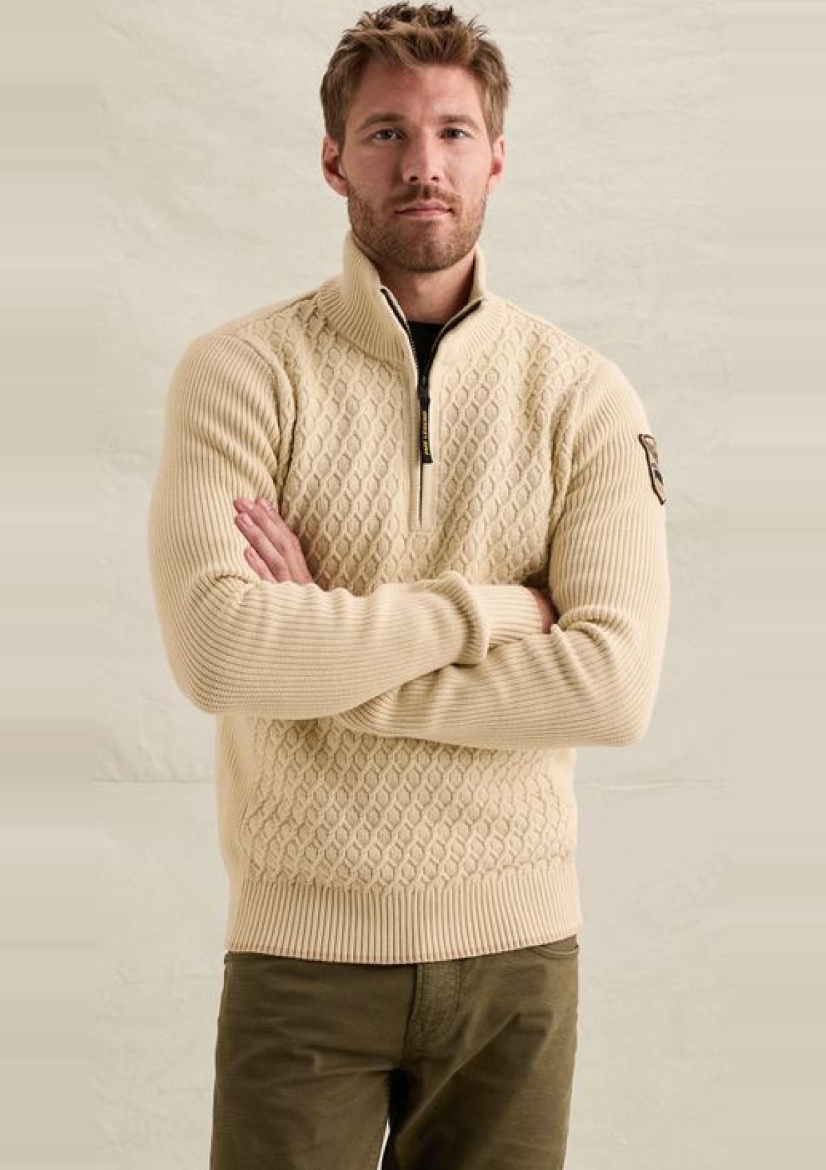 PKW2609325 7013-Bone White | Pullover mit halbem Reißverschluss und verschiedenen Strukturen