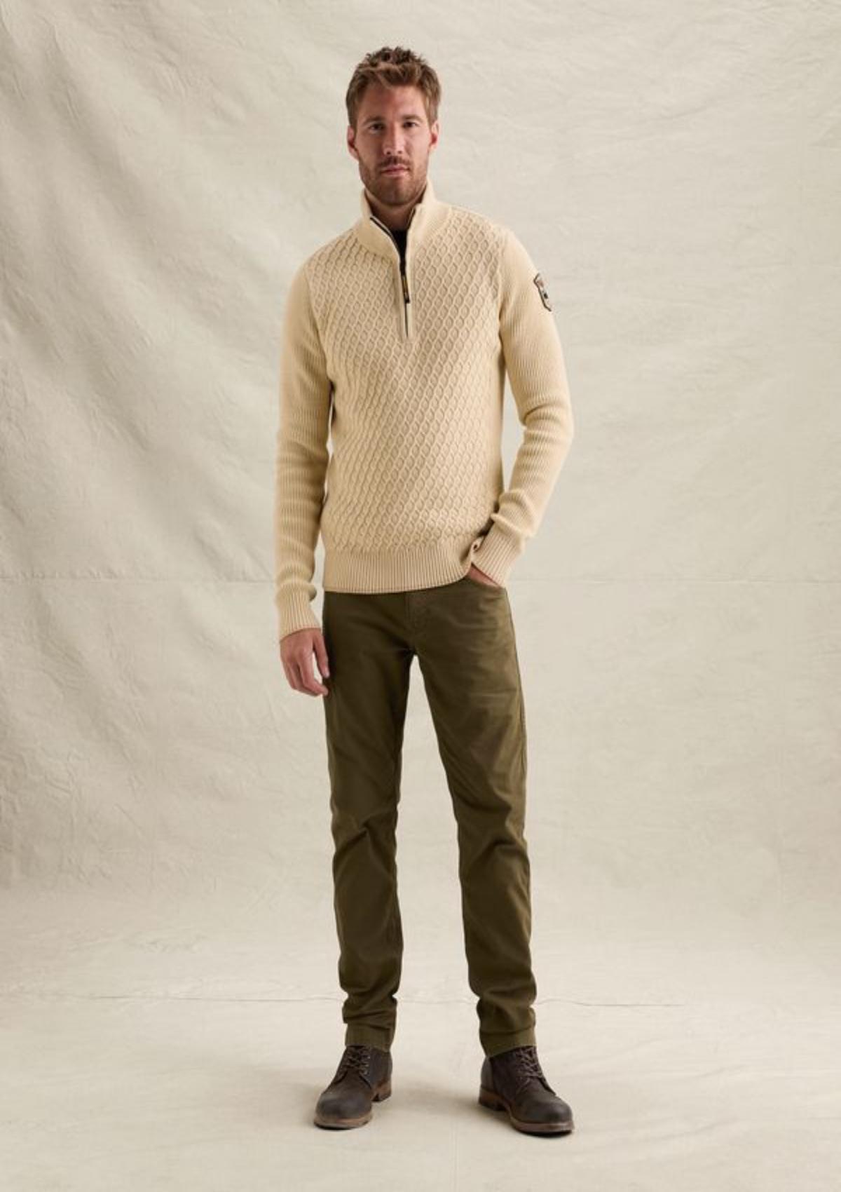 PKW2609325 7013-Bone White | Pullover mit halbem Reißverschluss und verschiedenen Strukturen