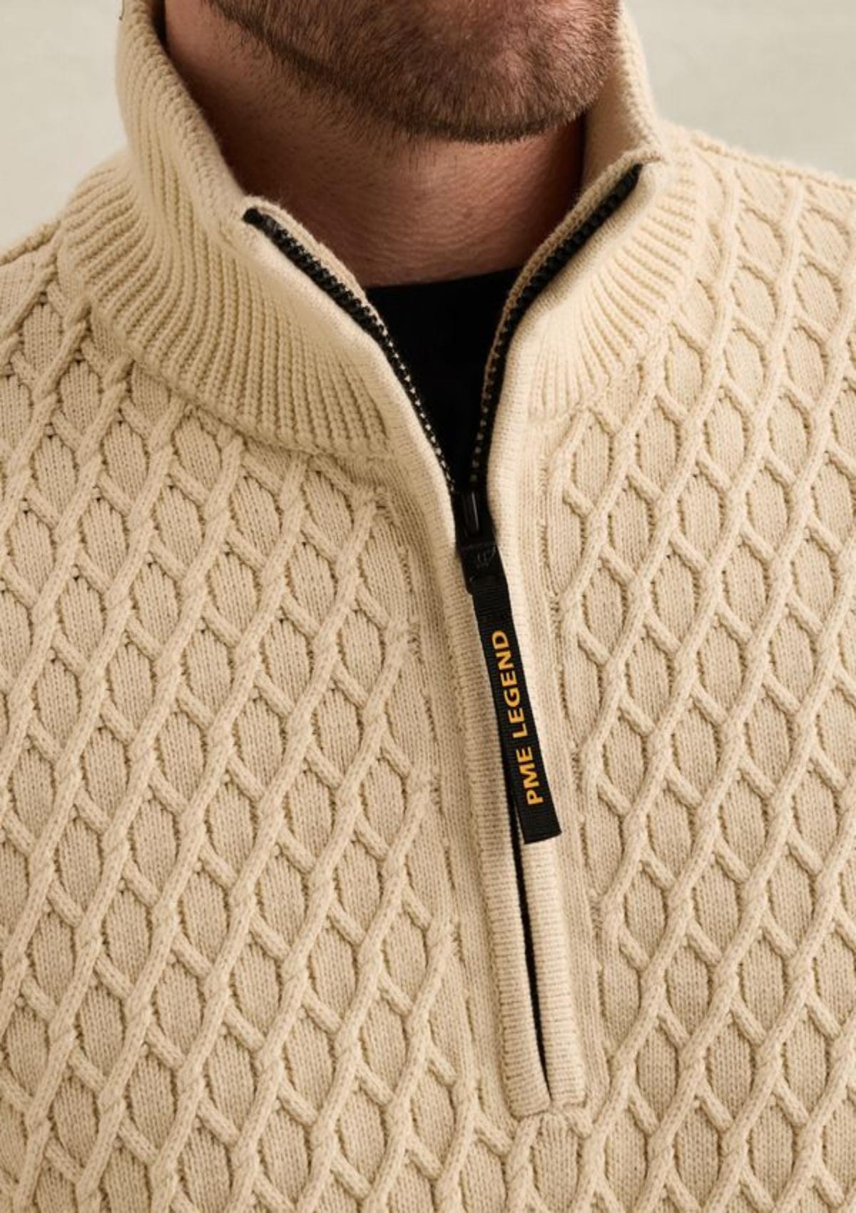 PKW2609325 7013-Bone White | Pullover mit halbem Reißverschluss und verschiedenen Strukturen