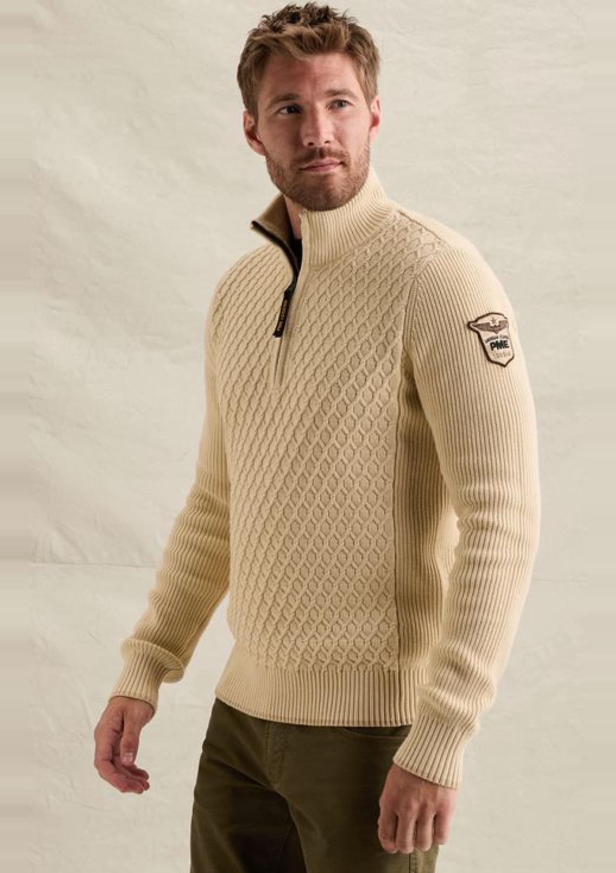 PKW2609325 7013-Bone White | Pullover mit halbem Reißverschluss und verschiedenen Strukturen