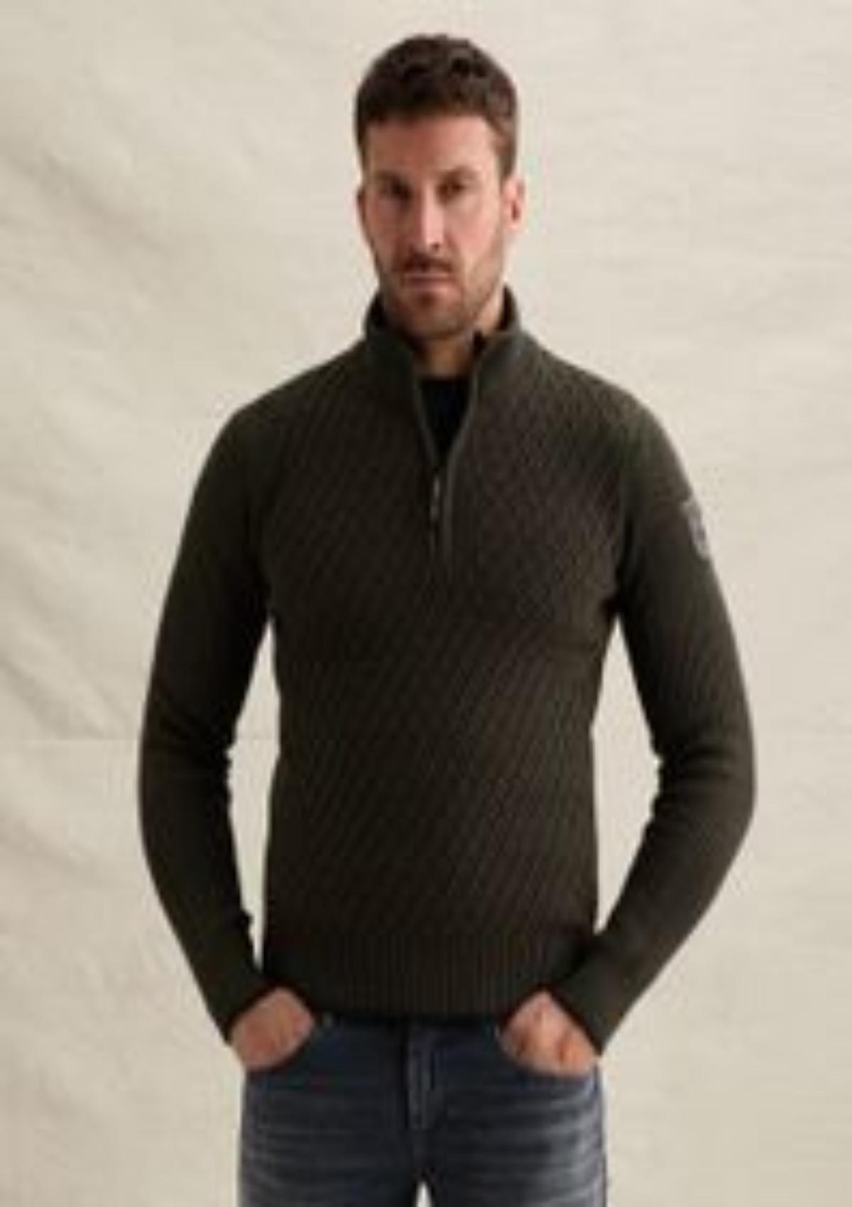 PKW2609325 8039-Beluga | Pullover mit halbem Reißverschluss und verschiedenen Strukturen