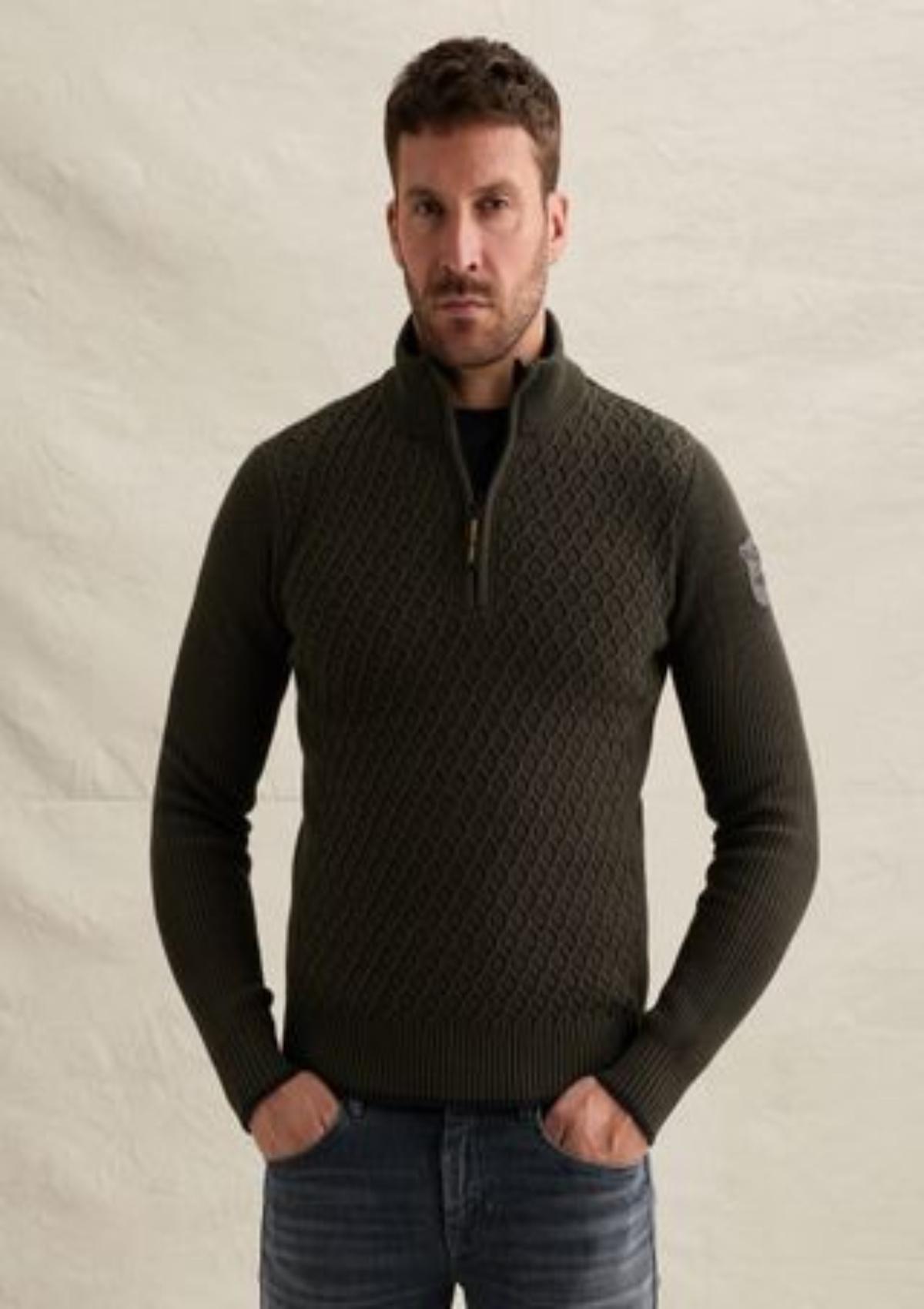 PKW2609325 8039-Beluga | Pullover mit halbem Reißverschluss und verschiedenen Strukturen