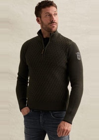 Thumbnail for PKW2609325 8039-Beluga | Pullover mit halbem Reißverschluss und verschiedenen Strukturen