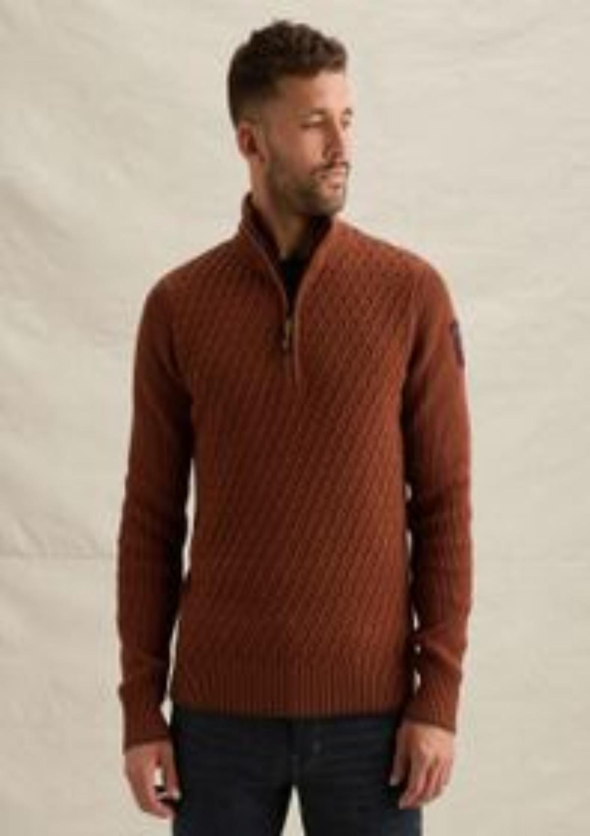 PKW2609325 8178-Arabian Spice | Pullover mit halbem Reißverschluss und verschiedenen Strukturen