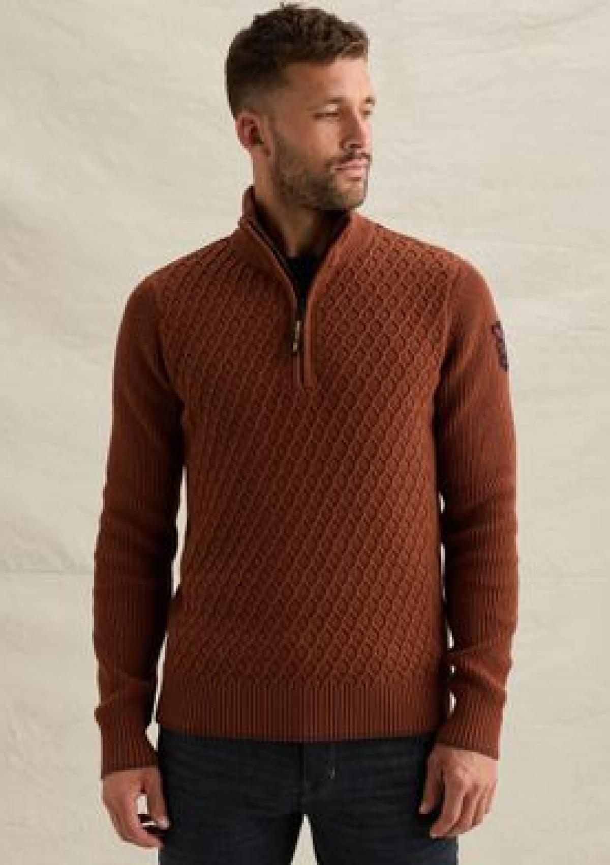 PKW2609325 8178-Arabian Spice | Pullover mit halbem Reißverschluss und verschiedenen Strukturen
