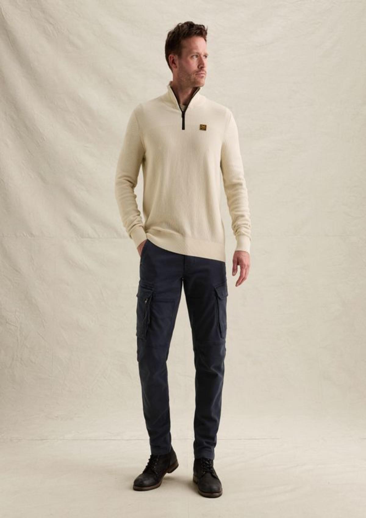 PKW2610301 7013-Bone White | Pullover aus 100 % Baumwollmouliné mit halbem Reißverschluss