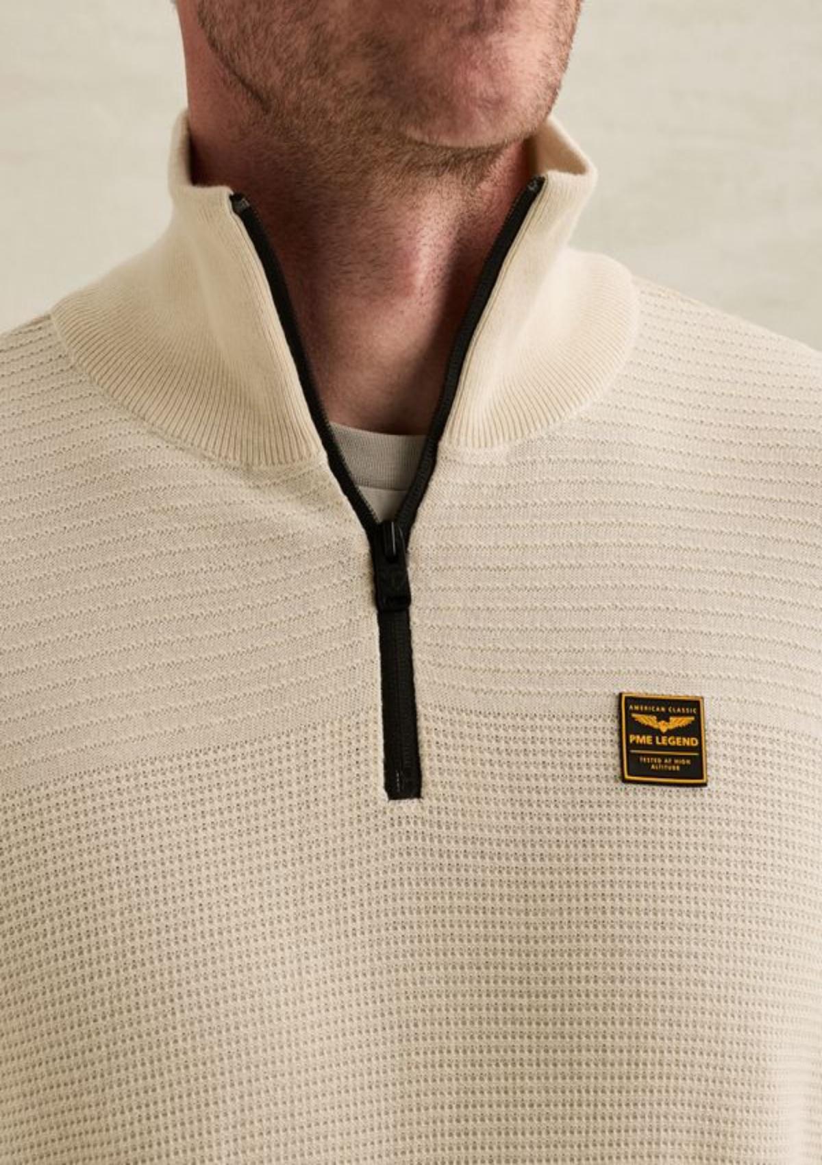 PKW2610301 7013-Bone White | Pullover aus 100 % Baumwollmouliné mit halbem Reißverschluss