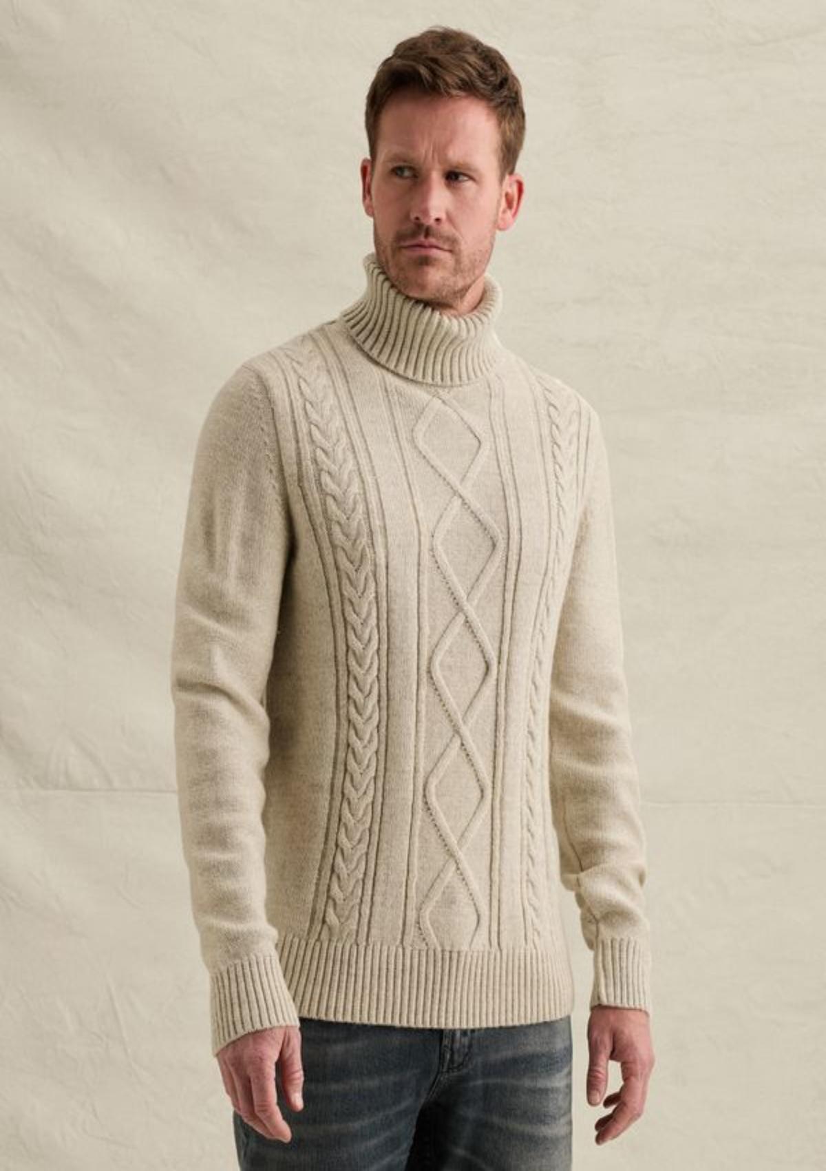 PKW2610320 7013-Bone White | Pullover mit grobem Kabelmuster und Stehkragen