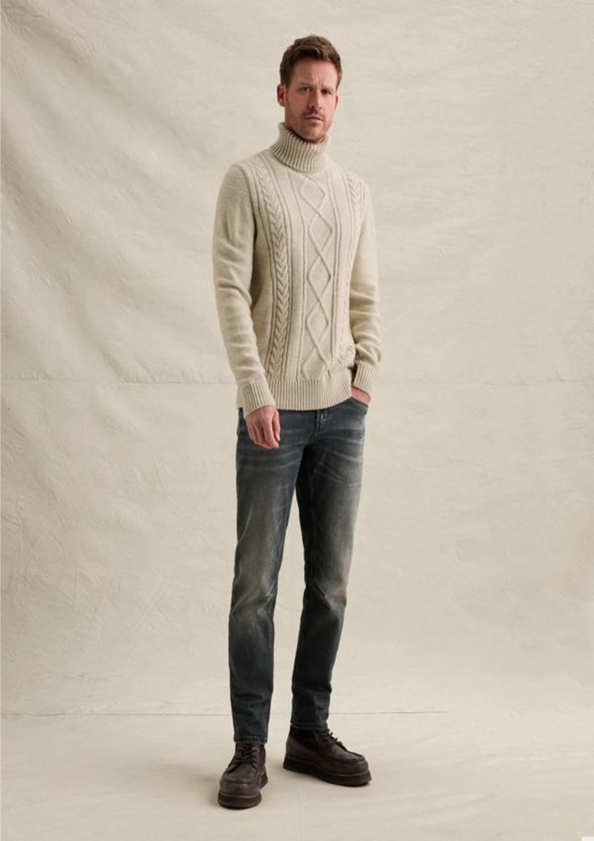 PKW2610320 7013-Bone White | Pullover mit grobem Kabelmuster und Stehkragen