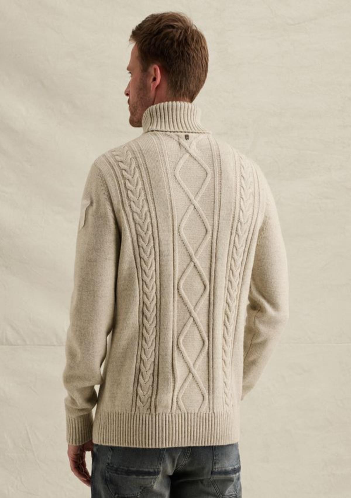 PKW2610320 7013-Bone White | Pullover mit grobem Kabelmuster und Stehkragen