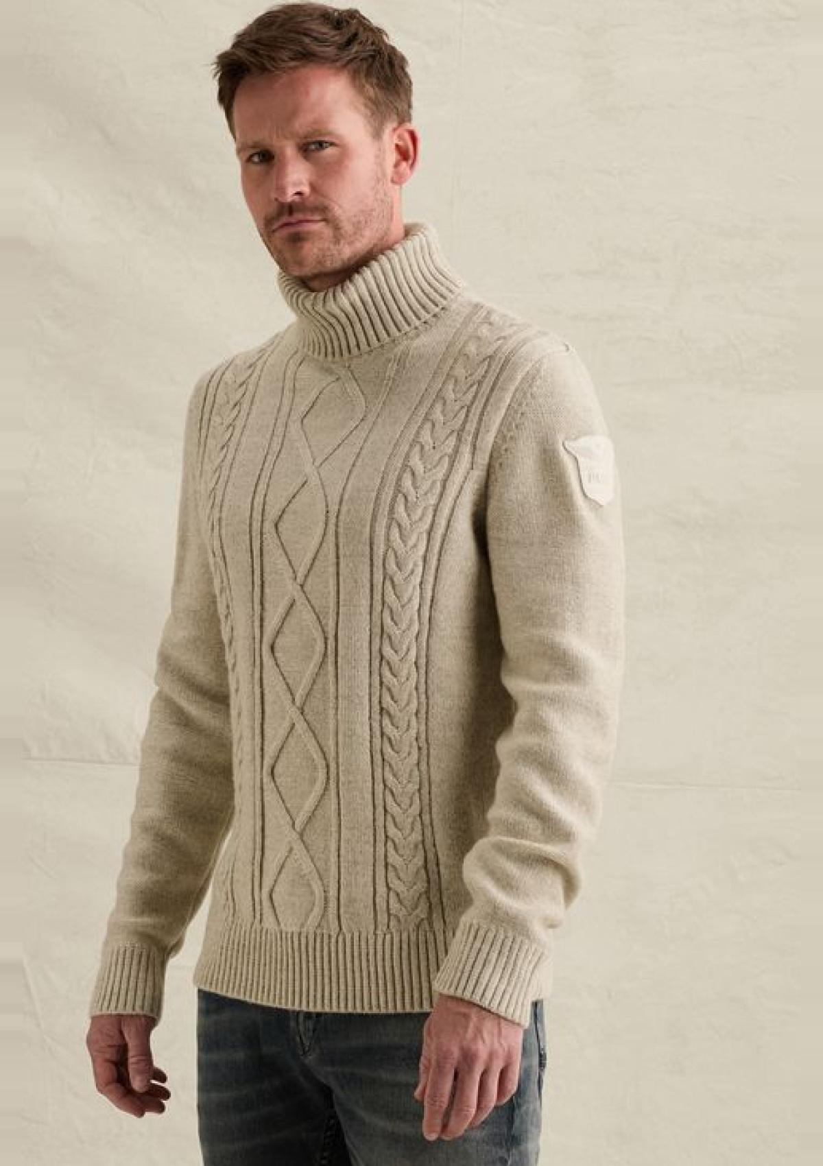 PKW2610320 7013-Bone White | Pullover mit grobem Kabelmuster und Stehkragen